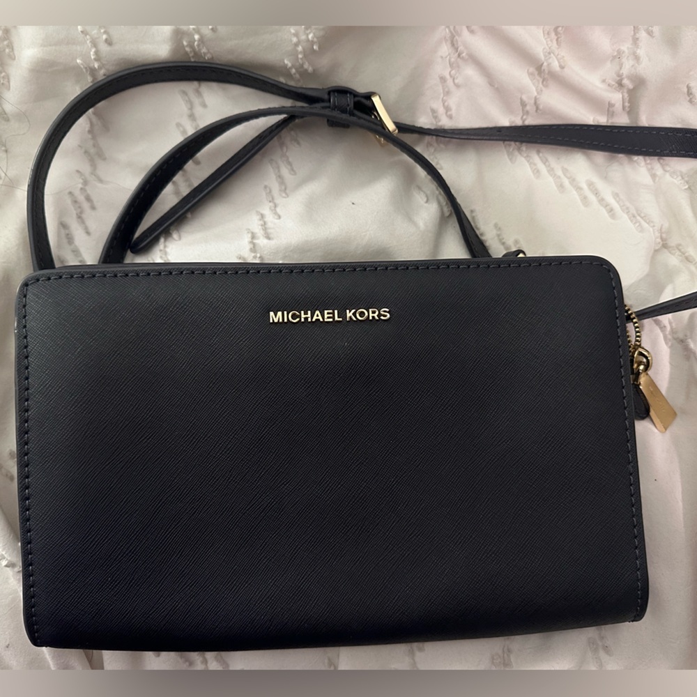 Michael Kors Dark Navy Leather Crossbody with Gold Hardware